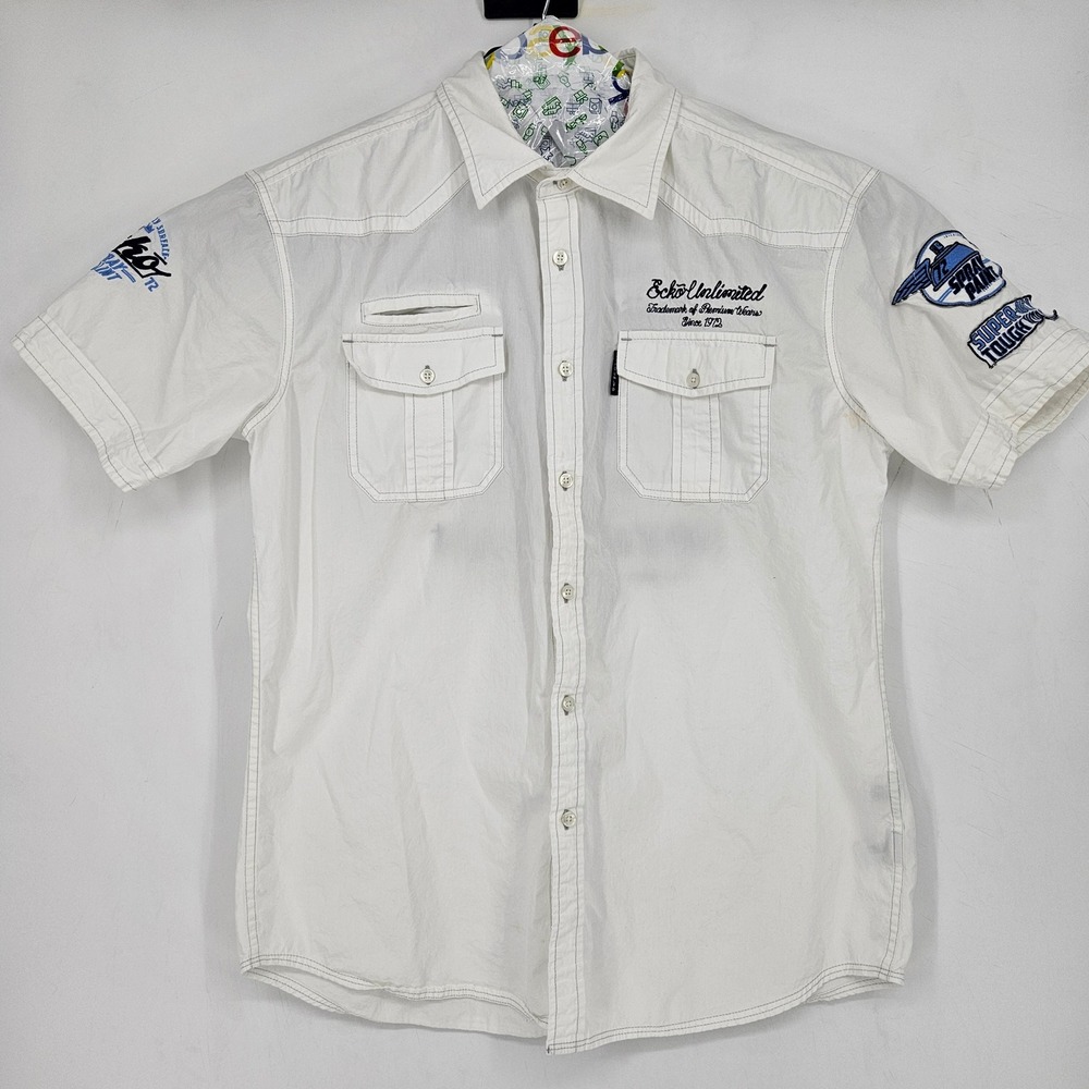 Vintage Ecko Shirt Mens XL White Embroidered Graphic‎ Embroidered Button Up